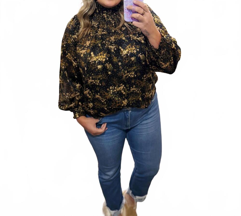 NEW MOLLY BRACKEN women's long sleeve floral print blouse in black